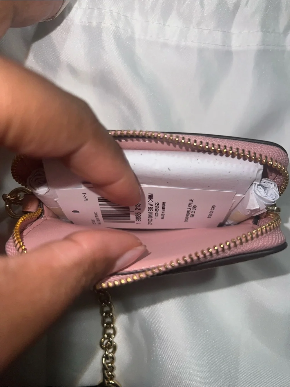 Coach Pink Denim Signature Card Zip Case w/ Gold Chain & Cherry Charm